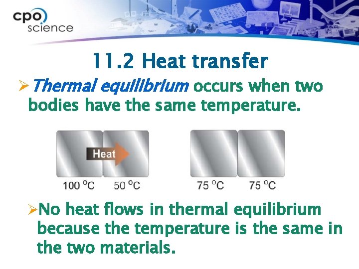 11. 2 Heat transfer ØThermal equilibrium occurs when two bodies have the same temperature.