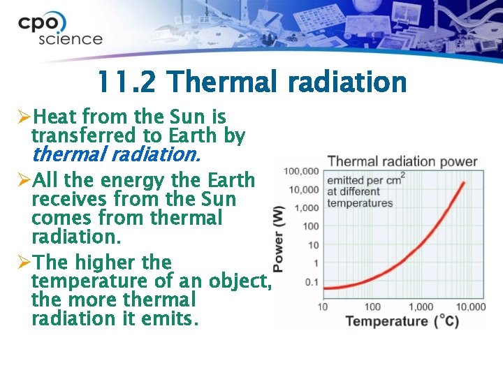 11. 2 Thermal radiation ØHeat from the Sun is transferred to Earth by thermal