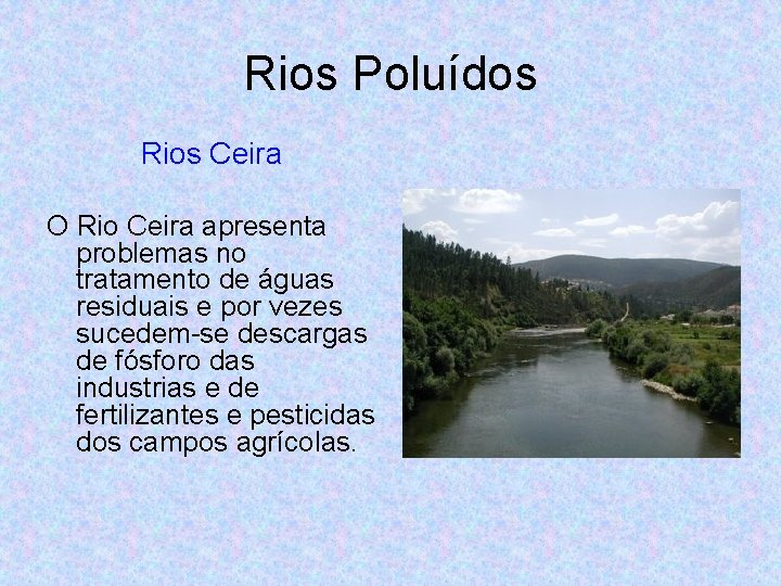 Rios Poluídos Rios Ceira O Rio Ceira apresenta problemas no tratamento de águas residuais