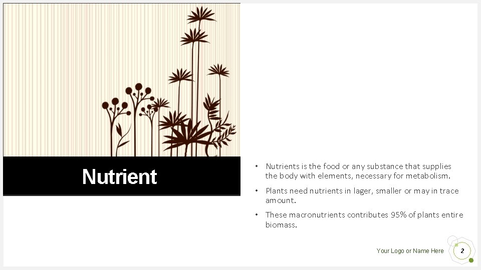 Nutrient • Nutrients is the food or any substance that supplies the body with Nutrient • Nutrients is the food or any substance that supplies the body with