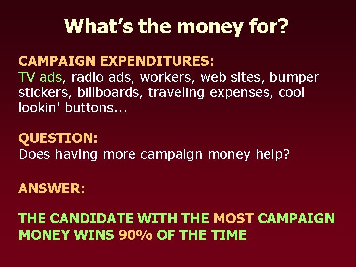 What’s the money for? CAMPAIGN EXPENDITURES: TV ads, radio ads, workers, web sites, bumper