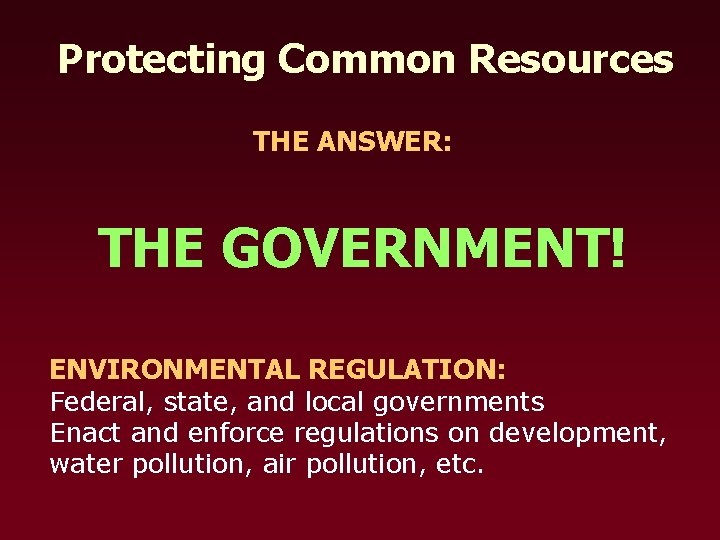 Protecting Common Resources THE ANSWER: THE GOVERNMENT! ENVIRONMENTAL REGULATION: Federal, state, and local governments