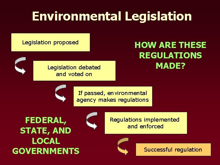 Environmental Legislation proposed Legislation debated and voted on HOW ARE THESE REGULATIONS MADE? If