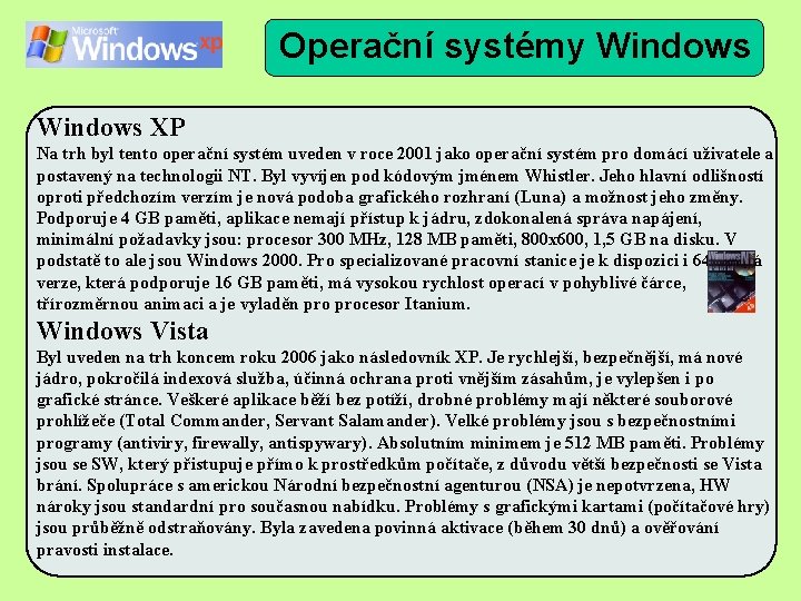 Operační systémy Windows XP Na trh byl tento operační systém uveden v roce 2001