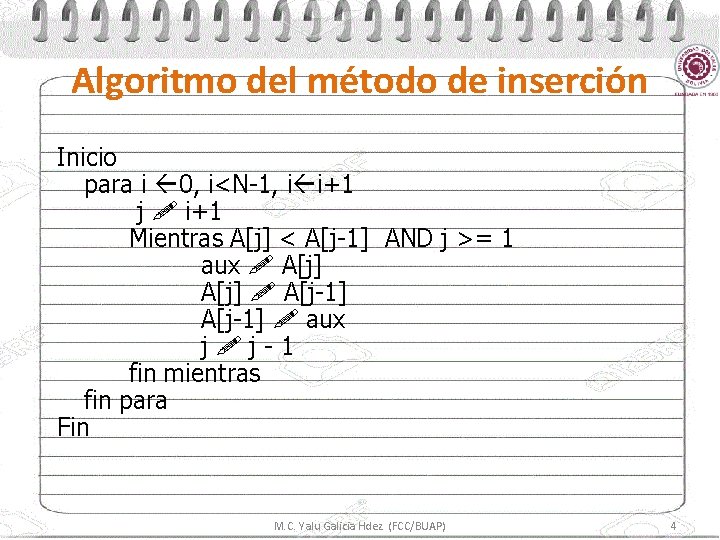 Algoritmo del método de inserción Inicio para i 0, i<N-1, i i+1 j i+1