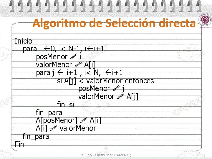 Algoritmo de Selección directa Inicio para i 0, i< N-1, i i+1 pos. Menor