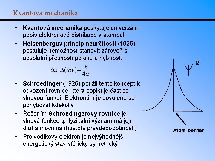 Kvantová mechanika • Kvantová mechanika poskytuje univerzální popis elektronové distribuce v atomech • Heisenbergův