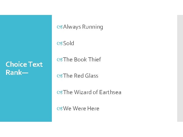  Always Running Sold Choice Text Rank— The Book Thief The Red Glass The