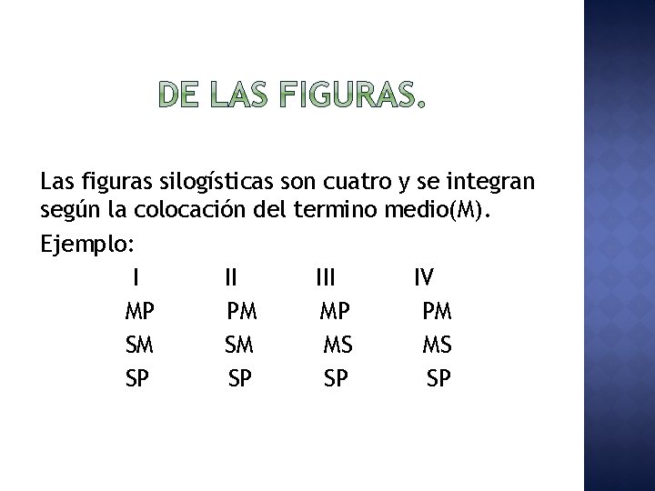 Las figuras silogísticas son cuatro y se integran según la colocación del termino medio(M).