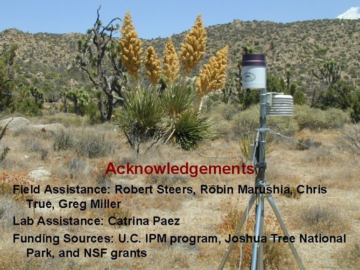 Acknowledgements Field Assistance: Robert Steers, Robin Marushia, Chris True, Greg Miller Lab Assistance: Catrina