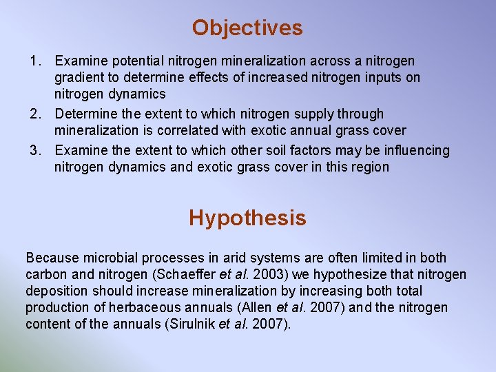 Objectives 1. Examine potential nitrogen mineralization across a nitrogen gradient to determine effects of
