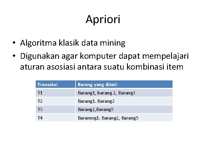 Apriori • Algoritma klasik data mining • Digunakan agar komputer dapat mempelajari aturan asosiasi
