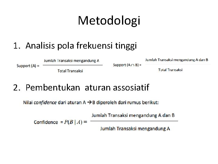 Metodologi 1. Analisis pola frekuensi tinggi 2. Pembentukan aturan assosiatif 