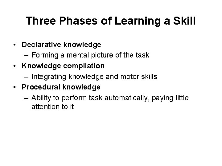 Three Phases of Learning a Skill • Declarative knowledge – Forming a mental picture Three Phases of Learning a Skill • Declarative knowledge – Forming a mental picture