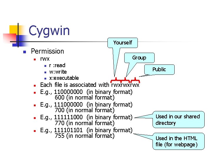 Cygwin Yourself n Permission n rwx n n n n r : read w: