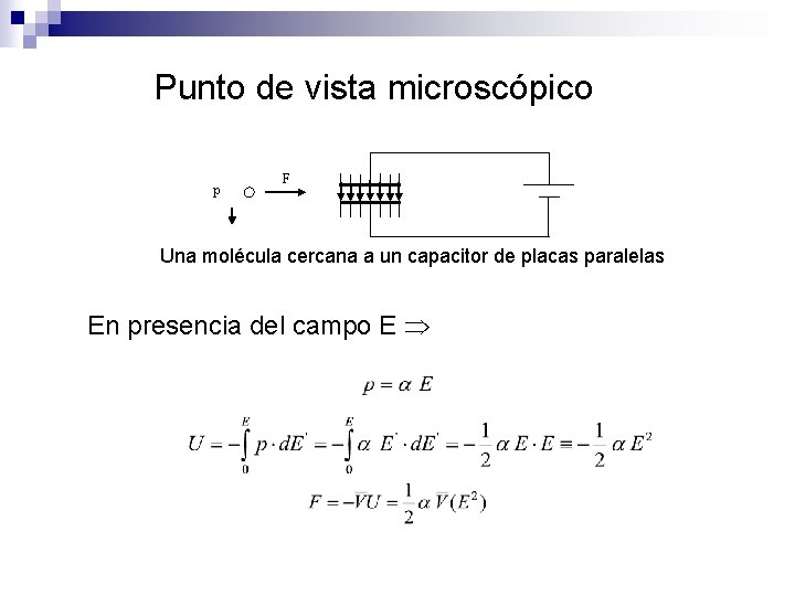 Punto de vista microscópico p F Una molécula cercana a un capacitor de placas