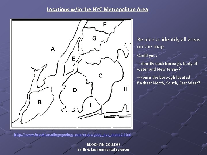 Locations w/in the NYC Metropolitan Area Be able to identify all areas on the
