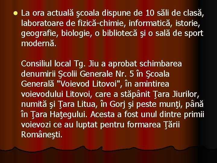 l La ora actuală şcoala dispune de 10 săli de clasă, laboratoare de fizică-chimie,