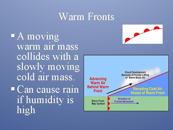Warm Fronts § A moving warm air mass collides with a slowly moving cold