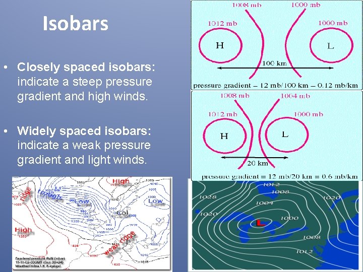 Isobars • Closely spaced isobars: indicate a steep pressure gradient and high winds. •