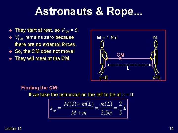 Astronauts & Rope. . . l l They start at rest, so VCM =