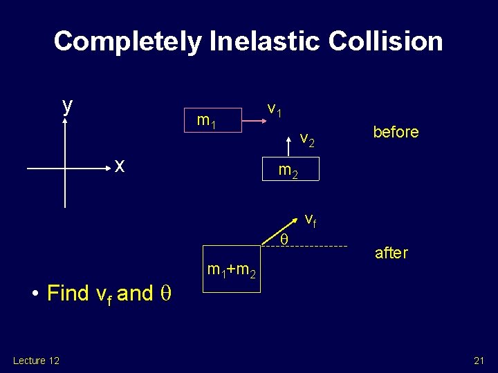 Completely Inelastic Collision y m 1 x v 1 v 2 m 2 • Completely Inelastic Collision y m 1 x v 1 v 2 m 2 •