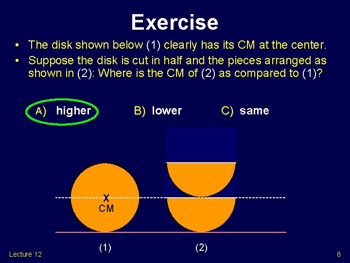 Exercise • The disk shown below (1) clearly has its CM at the center.