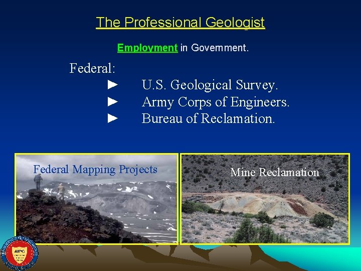 The Professional Geologist Employment in Government. Federal: ► ► ► U. S. Geological Survey.