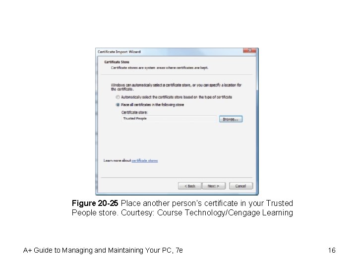 Figure 20 -25 Place another person’s certificate in your Trusted People store. Courtesy: Course