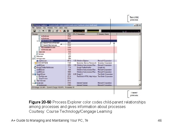 Figure 20 -50 Process Explorer color codes child-parent relationships among processes and gives information