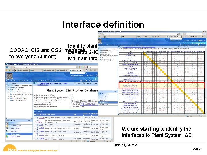 Interface definition Identify plant systems I&C CODAC, CIS and CSS interfaces Develop S-ICD and