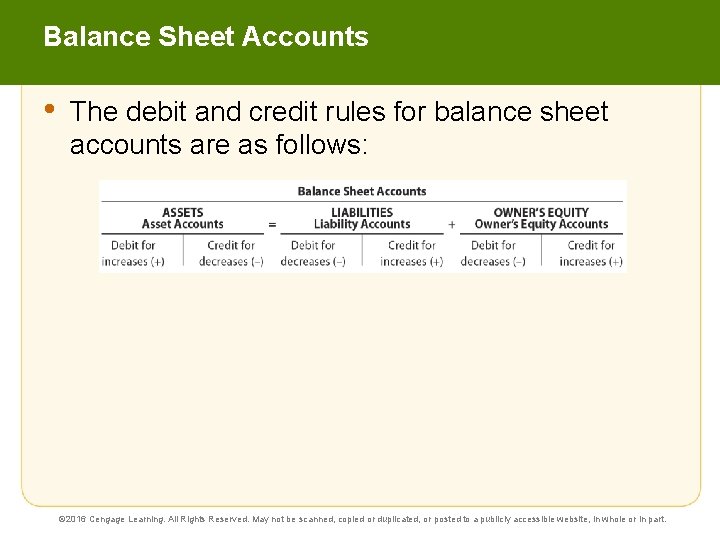Balance Sheet Accounts • The debit and credit rules for balance sheet accounts are