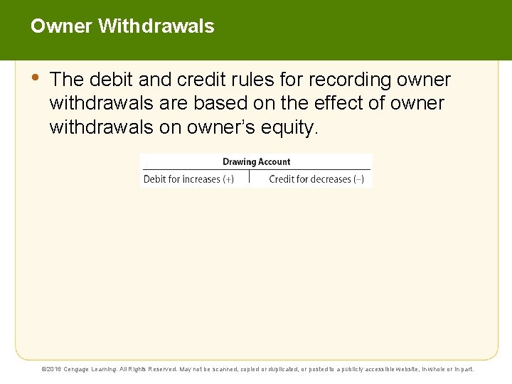 Owner Withdrawals • The debit and credit rules for recording owner withdrawals are based