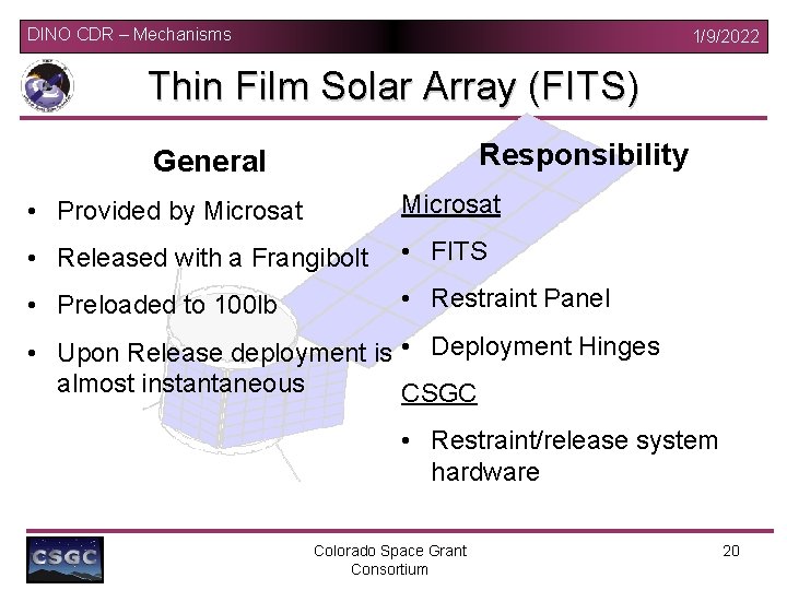 DINO CDR – Mechanisms 1/9/2022 Thin Film Solar Array (FITS) Responsibility General • Provided