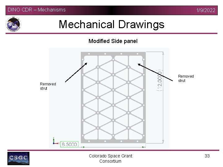 DINO CDR – Mechanisms 1/9/2022 Mechanical Drawings Modified Side panel Removed strut Colorado Space