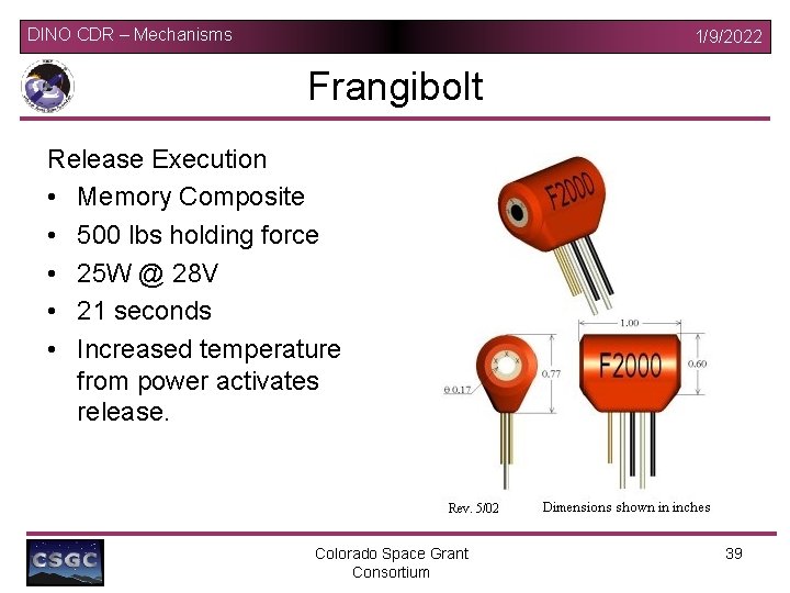 DINO CDR – Mechanisms 1/9/2022 Frangibolt Release Execution • Memory Composite • 500 lbs