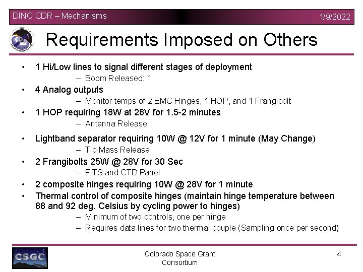 DINO CDR – Mechanisms 1/9/2022 Requirements Imposed on Others • 1 Hi/Low lines to