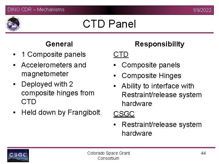 DINO CDR – Mechanisms 1/9/2022 CTD Panel • • General 1 Composite panels Accelerometers