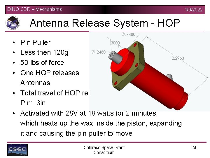 DINO CDR – Mechanisms 1/9/2022 Antenna Release System - HOP • • Pin Puller