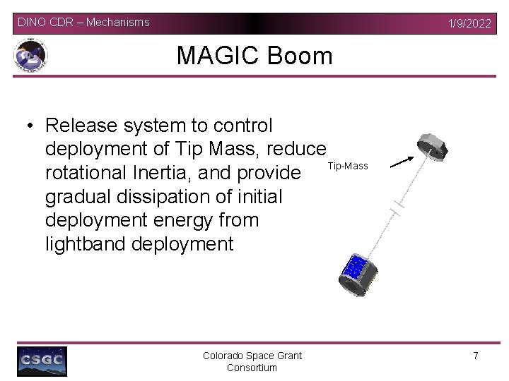 DINO CDR – Mechanisms 1/9/2022 MAGIC Boom • Release system to control deployment of