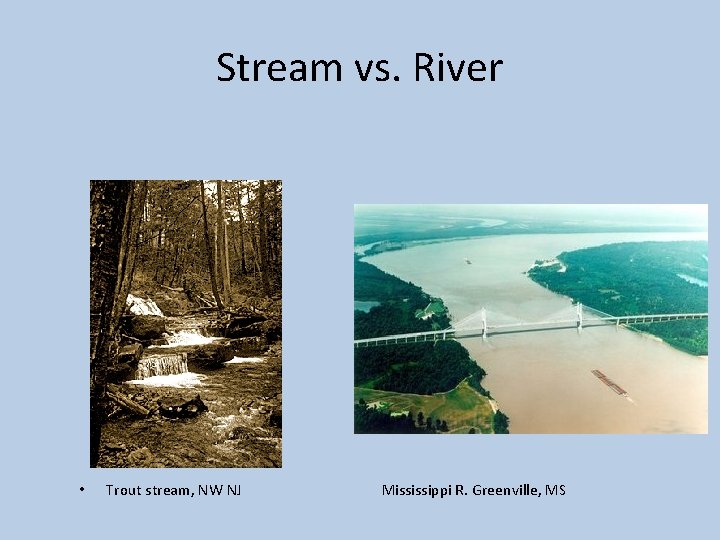 Stream vs. River • Trout stream, NW NJ Mississippi R. Greenville, MS 