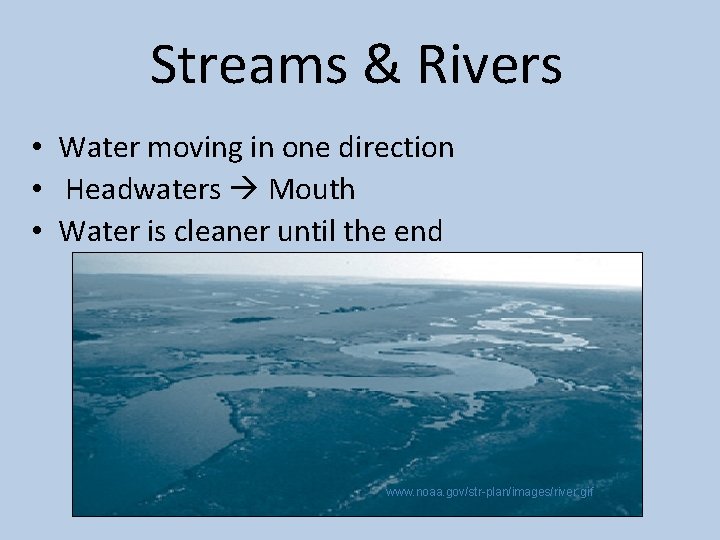 Streams & Rivers • Water moving in one direction • Headwaters Mouth • Water