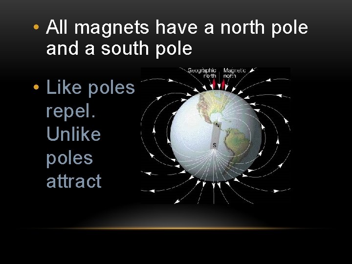  • All magnets have a north pole and a south pole • Like