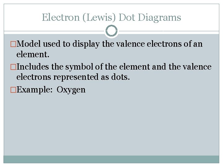 Electron (Lewis) Dot Diagrams �Model used to display the valence electrons of an element.