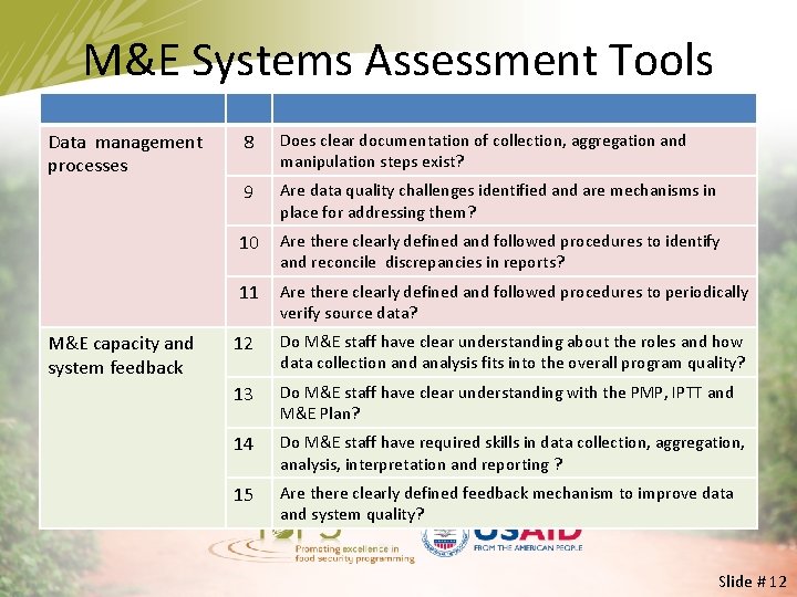 M&E Systems Assessment Tools Data management processes M&E capacity and system feedback 8 Does