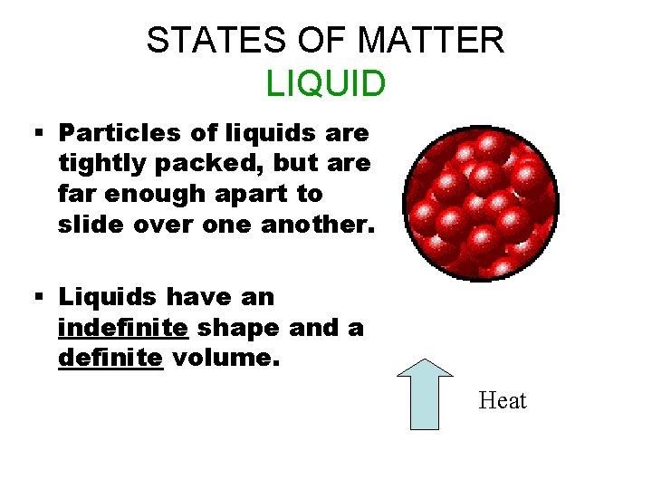 STATES OF MATTER LIQUID § Particles of liquids are tightly packed, but are far