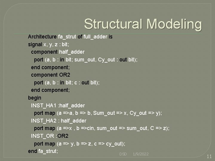 Structural Modeling Architecture fa_strut of full_adder is signal x, y, z : bit; component