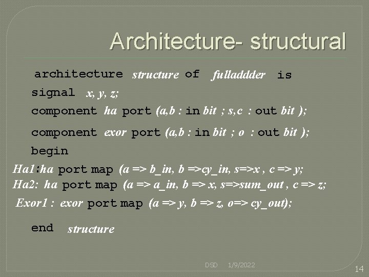 Architecture- structural architecture structure of fulladdder is signal x, y, z; component ha port