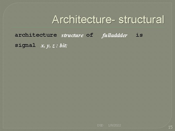 Architecture- structural architecture structure of fulladdder is signal x, y, z : bit; DSD