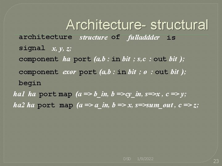Architecture- structural architecture structure of fulladdder is signal x, y, z; component ha port